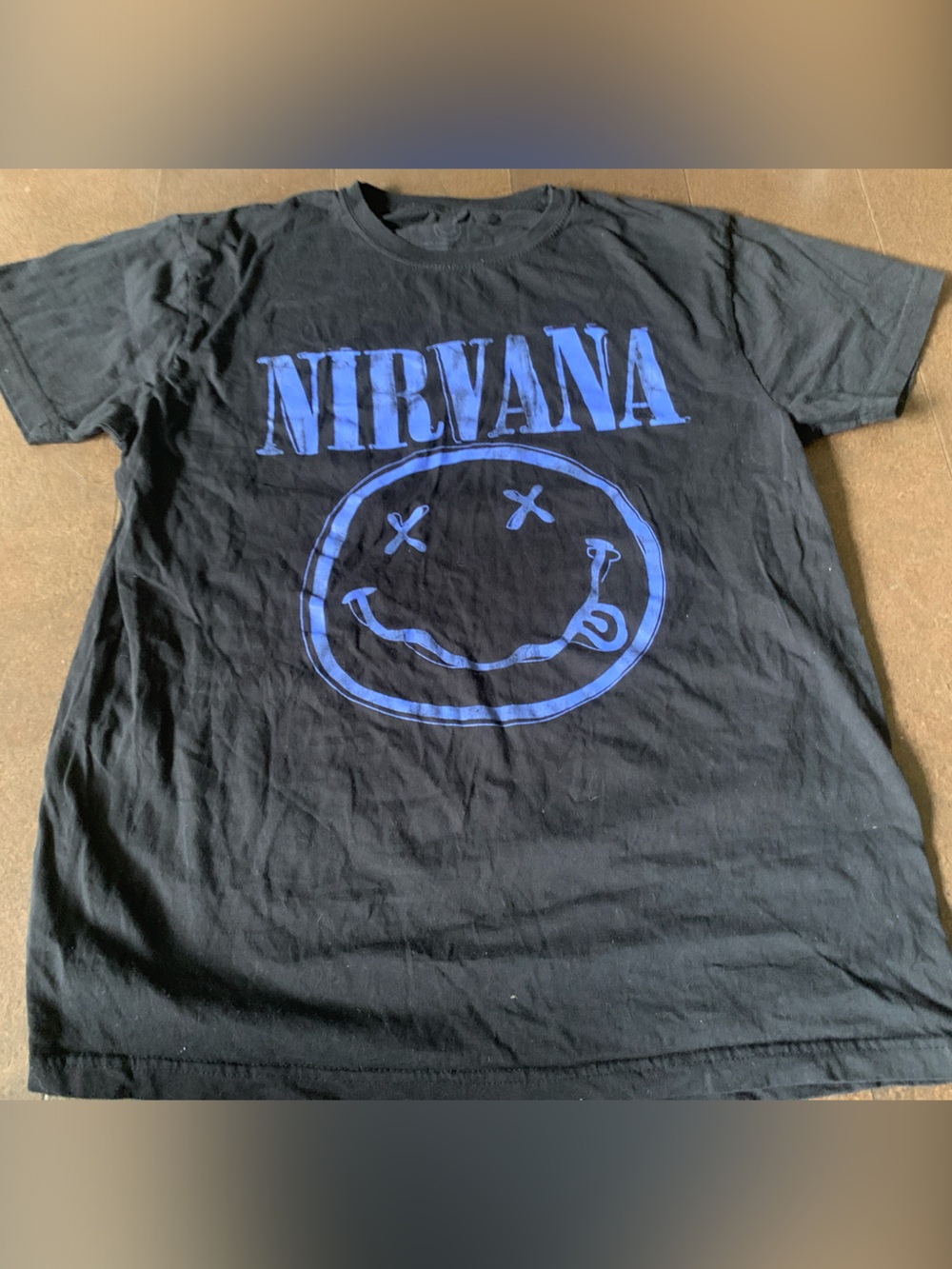 NIRVANA Black Tee with Blue Smiley Graphic